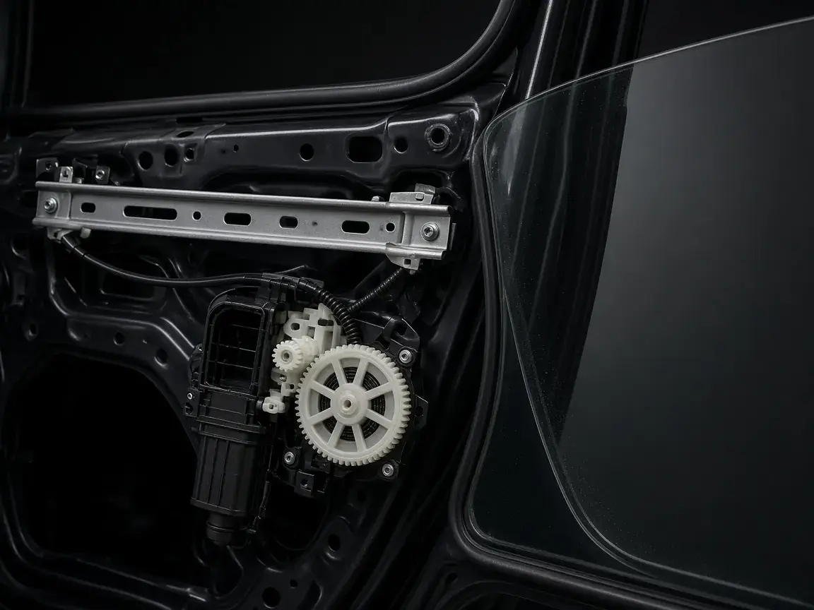 Illustration of a car window regulator with molded plastic gears