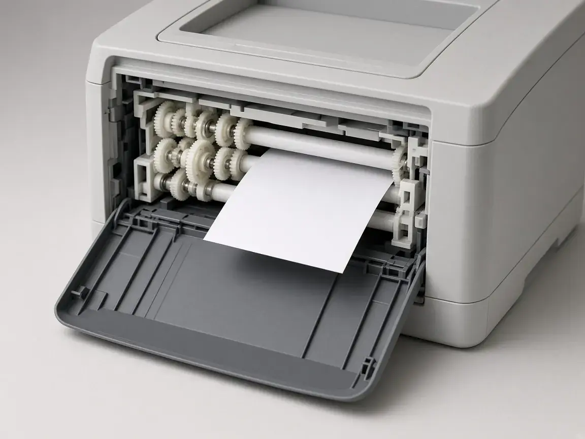 Illustration of an office printer paper path with molded plastic gears