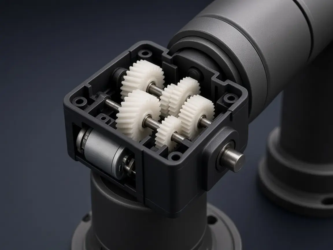 Illustration of a robot arm joint with molded plastic gears