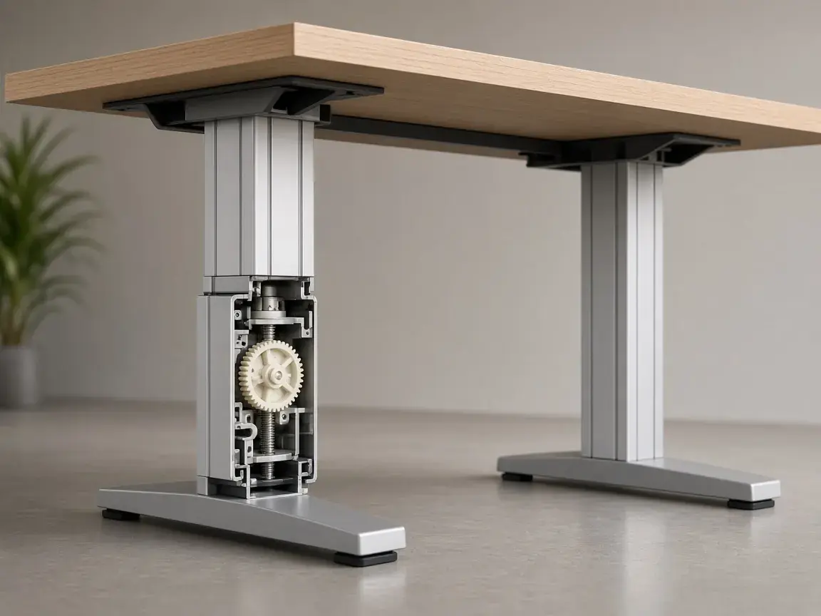 Illustration of a sit-stand desk lift with a molded plastic gear